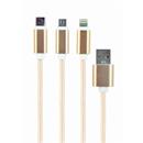 Kabel CABLEXPERT USB A Male/Micro B + Type-C + Lightning, 1m, opletený, zlatý, blister